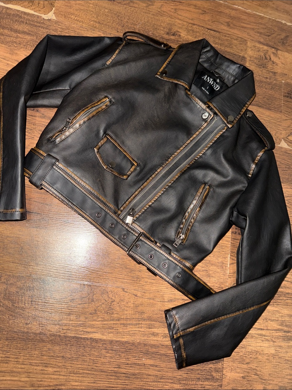 ANNND Black Leather Biker Jacket with Brown Distressed Trim